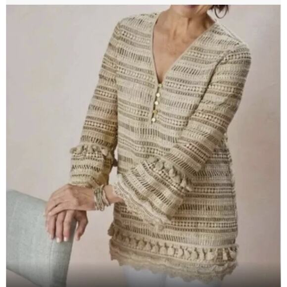 Soft Surroundings Adelita Lace Blouse Tan Flare Sleeve Women’s Medium - Picture 1 of 9